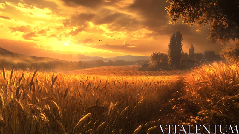 Golden wheat fields glow beneath a dramatic sunset sky