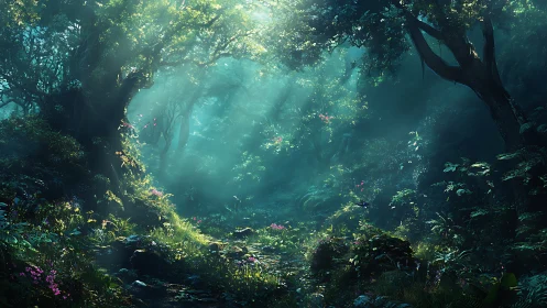 Enchanted Forest Glade Bathed in Ethereal Light.