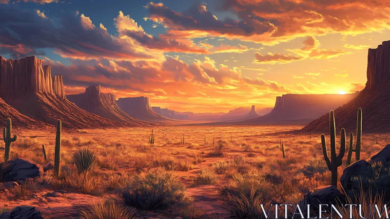 Sunlit desert canyon opens beneath a blazing, painted sky
