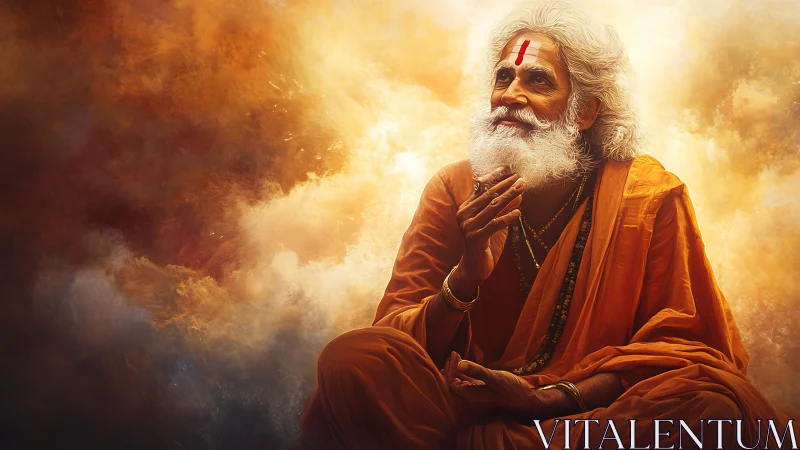 Radiant orange-clad sage in luminous atmospheric vortex.