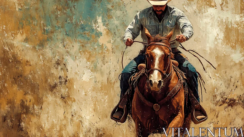 Mounted rider on brown horse against textured backdrop.