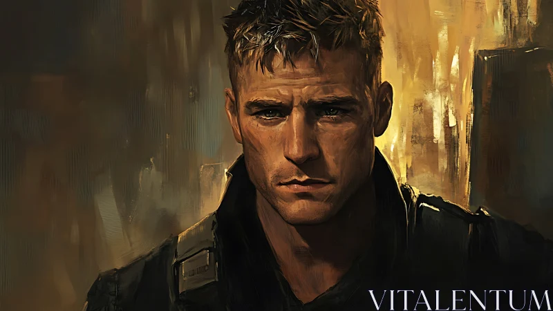 Brooding male soldier portrait in warm digital paint.