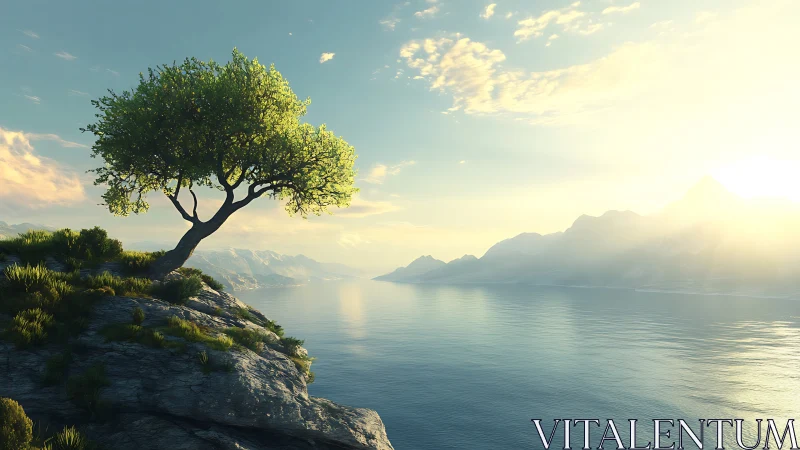 Solitary cliffside tree overlooks serene sunlit lake panorama.