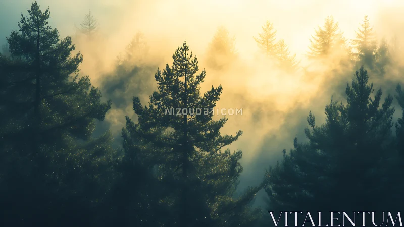 Coniferous Forest Landscape with Volumetric Crepuscular Light Rays