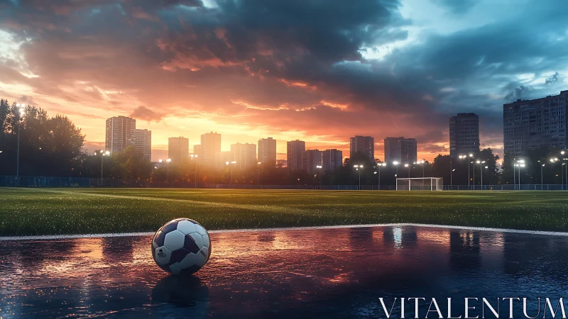 Soccer field with wet surface at sunset near high rises.