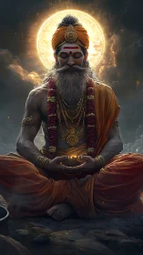 Radiant sage in deep meditation holds a gentle inner light