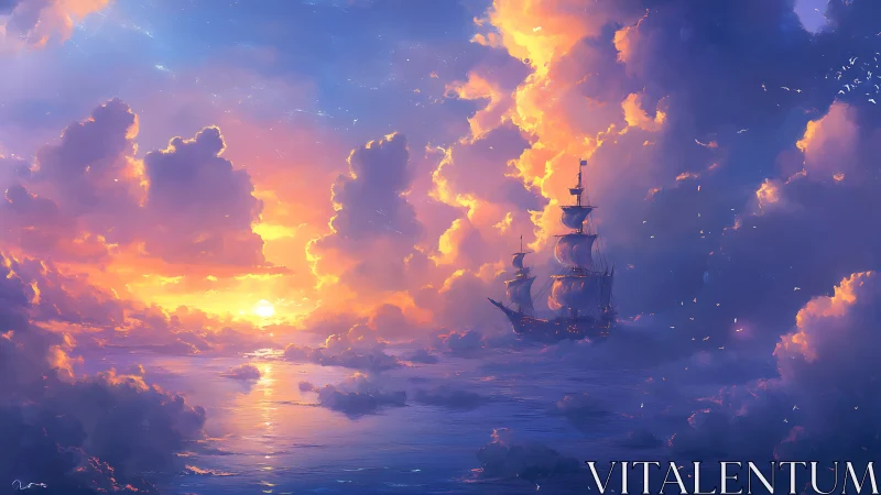 Sunlit sky galleon sails through radiant twilight clouds