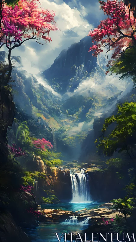 Hidden mountain lagoon wrapped in lush spring color.