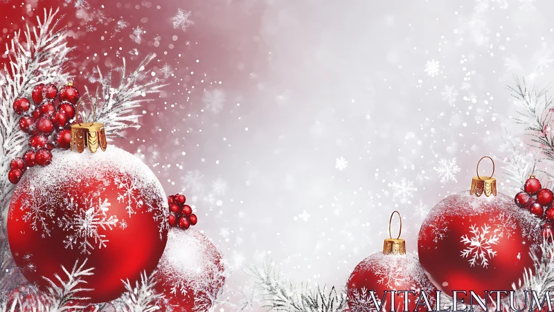 Crimson snowflake baubles resting in a frosted winter hush.