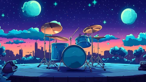 Celestial drum kit dominates a neon dusk skyline stage