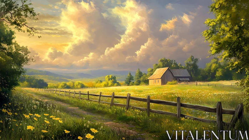 Rural meadow landscape with farmhouse under dramatic sky.