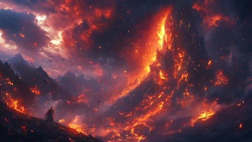 Solitary figure surveys apocalyptic inferno landscape with cascading flames