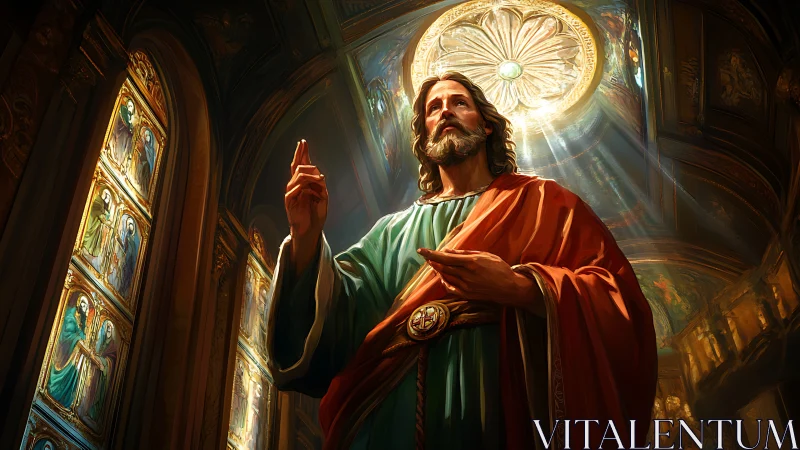 Radiant saintly figure stands in glowing stained glass chapel