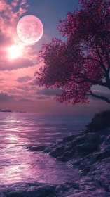Pink-tinted coastal scene displays moon, clouds, and foliage