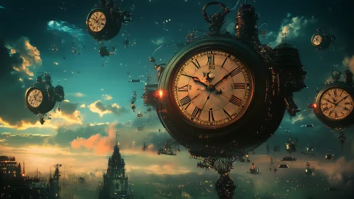 Floating steampunk clocks over twilight industrial skyline.