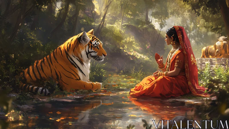 Sacred forest truce between regal tiger and robed maiden.