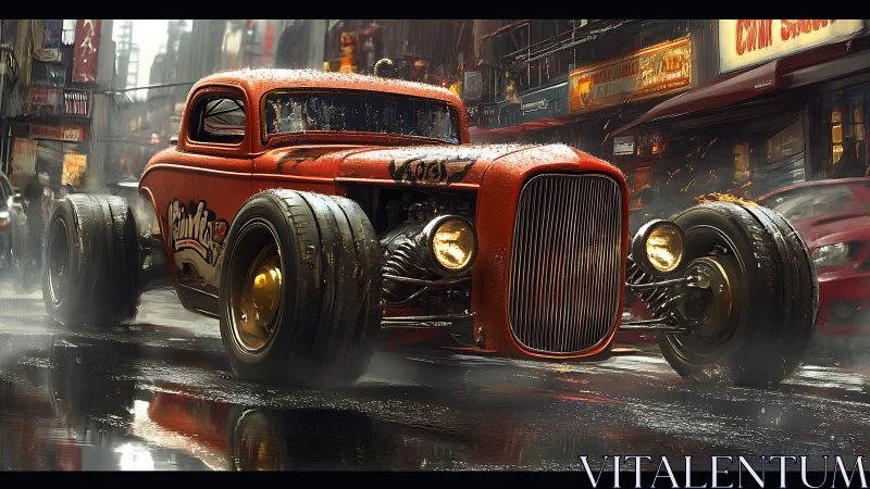 Digital painting of retro hot rod in cinematic night streetscape.