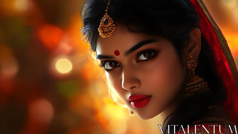 Digital painting portrait with warm bokeh and cultural adornment.