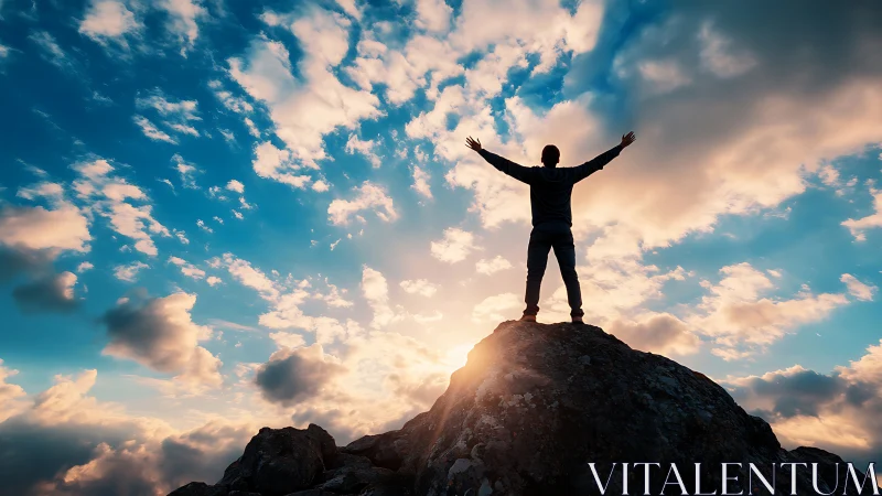 Silhouette stands on rocky peak against vivid sunset sky