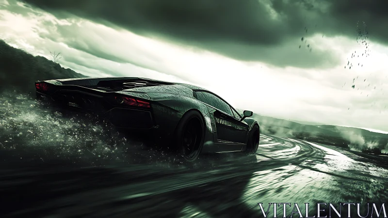 Supercar slices stormy coastal road in cinematic rain