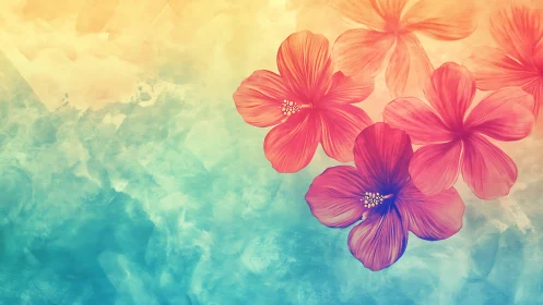 Gradient Cosmos Flowers: Digital Watercolor Blossoms Against Ethereal Background.