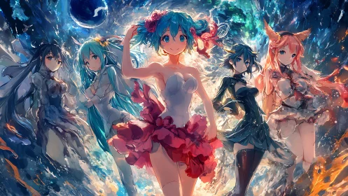 Anime elemental heroines in luminous cosmic ensemble composition.