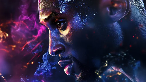 Cyberpunk portrait profile with neon particle atmospherics.