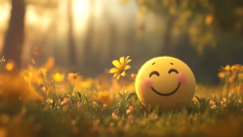Smiling yellow emoji rests in glowing golden meadow at dawn.