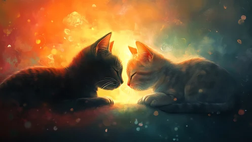 Two Cats Touching Noses in Radiant Golden Light.