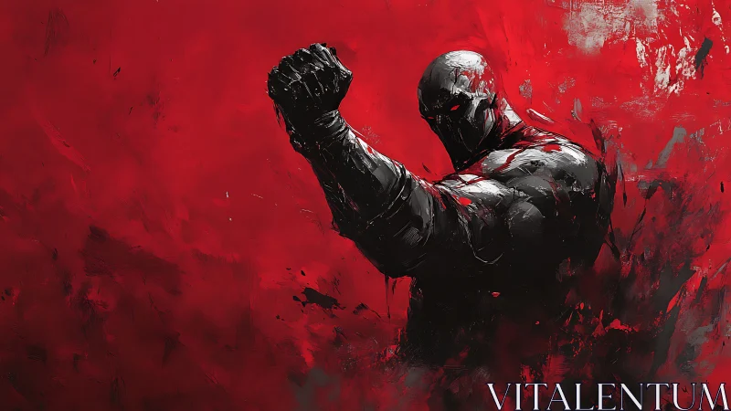 Armored warrior silhouette on intense red abstract field.