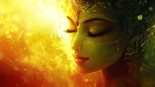 Divine goddess portrait bathed in luminous golden light.