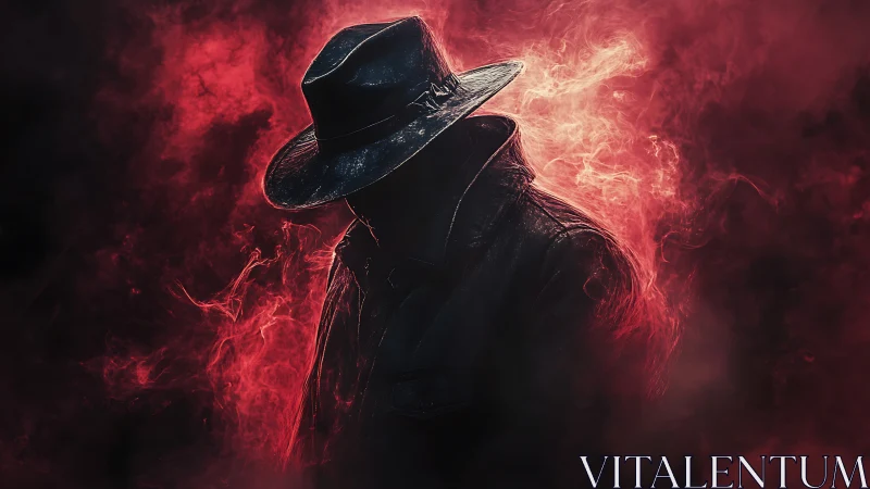 Shadowed wanderer in red mist and noir trench coat.