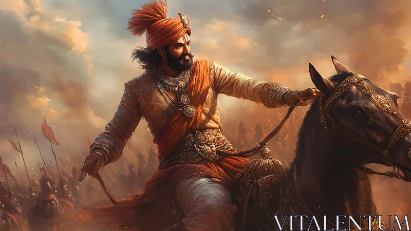 Fiery warrior king rides into a storm of rising banners.