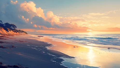 Sunlit shoreline glows beneath sweeping pastel clouds at dusk.