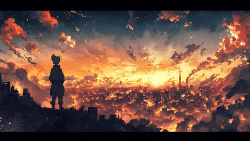 Solitary figure overlooks burning sunset city skyline.