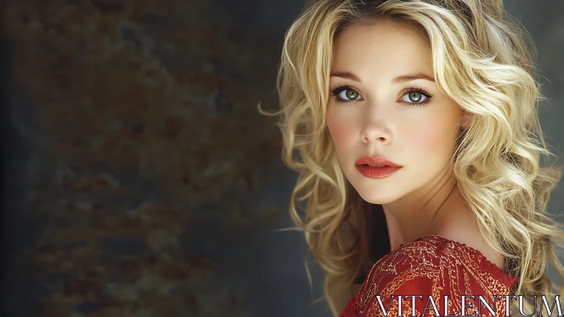 Photorealistic portrait of blonde woman in red embroidered dress