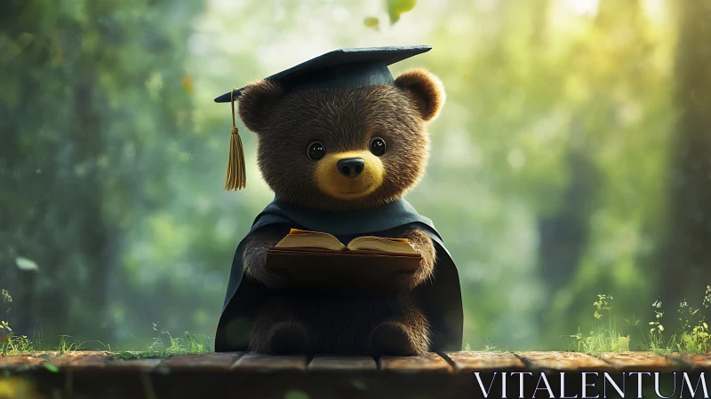 Cute bear in graduation cap reading a book outdoors.