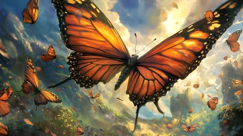 Monarch migration swarm in atmospheric digital panorama.