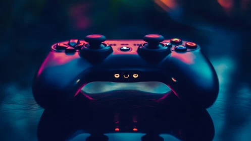 Gaming controller with neon lighting and dark background.
