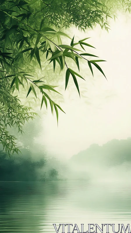 Whispering bamboo leans over mist-soft river horizons.