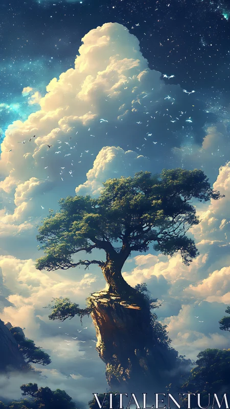 Lone skyward tree atop floating rock amid luminous clouds.
