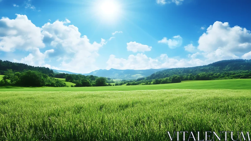 Sunny green meadow under blue sky with distant hills.