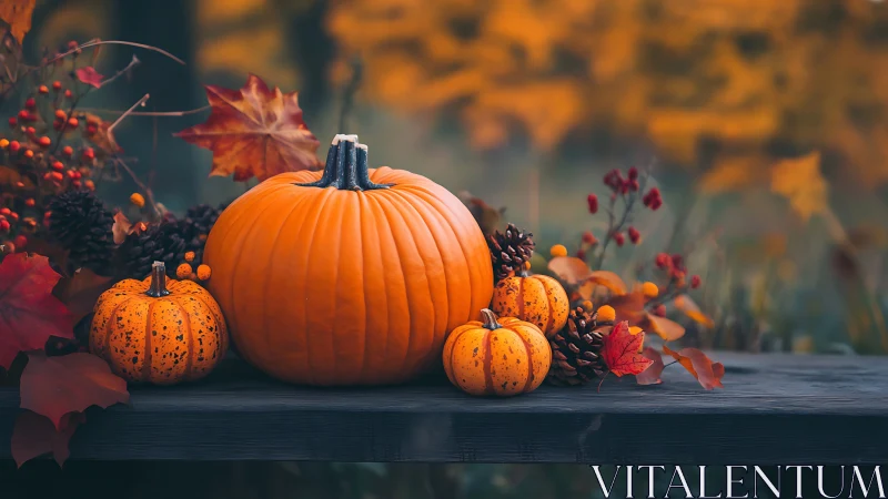 Pumpkins rest on wooden surface with autumn leaves and pinecones