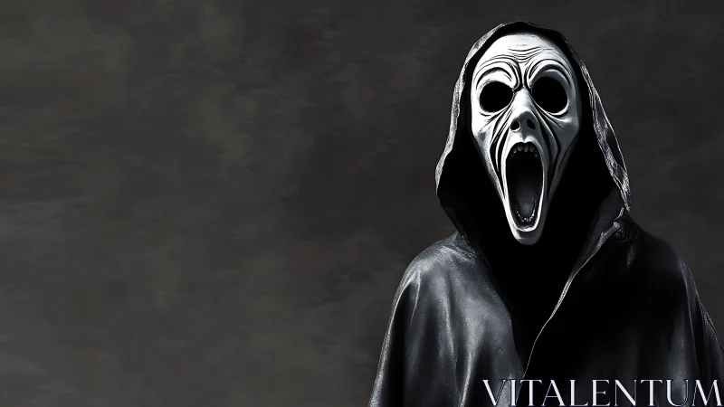 Hooded skeletal specter with screaming white mask portrait.