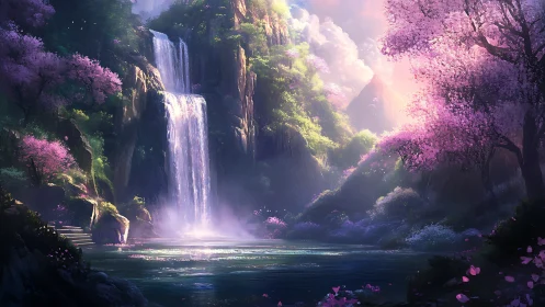 Mystic waterfall cascades through luminous cherry blossom valley