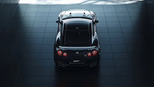 Rear view of black Nissan GT-R in glossy tiled space.