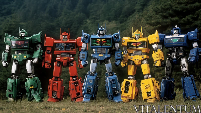 Row of multicolored humanoid robots in forest clearing.