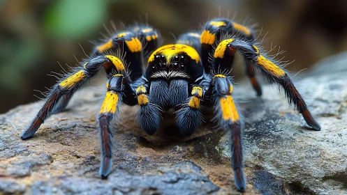 Velvet-banded tarantula poised like a neon forest sentinel.