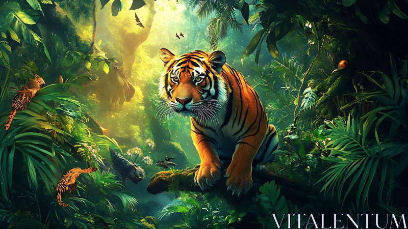 Majestic jungle tiger poised on mossy branch in sunlight.