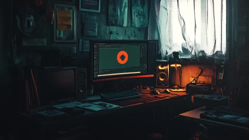 Moody digital workstation with code display and warm rim light.